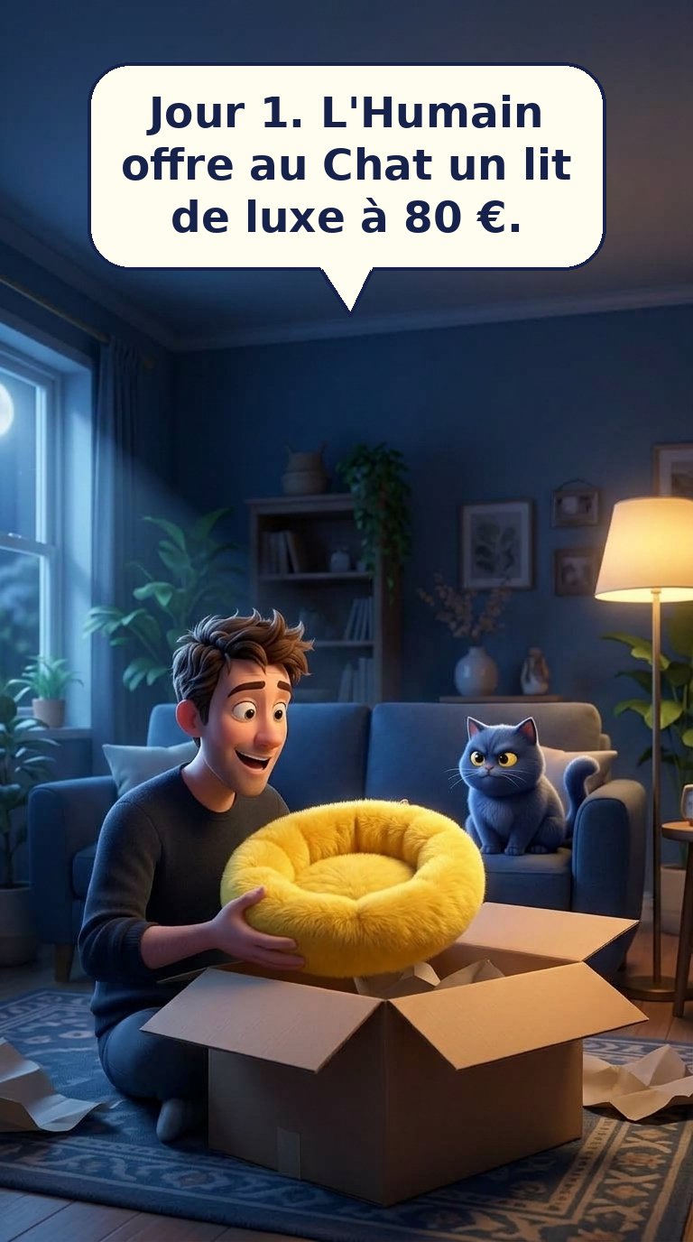 Jour 1. L'Humain offre au Chat un lit de luxe à 80 €.