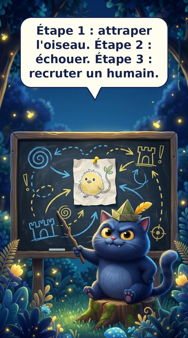 Étape 1 : attraper l'oiseau. Étape 2 : échouer. Étape 3 : recruter un humain.